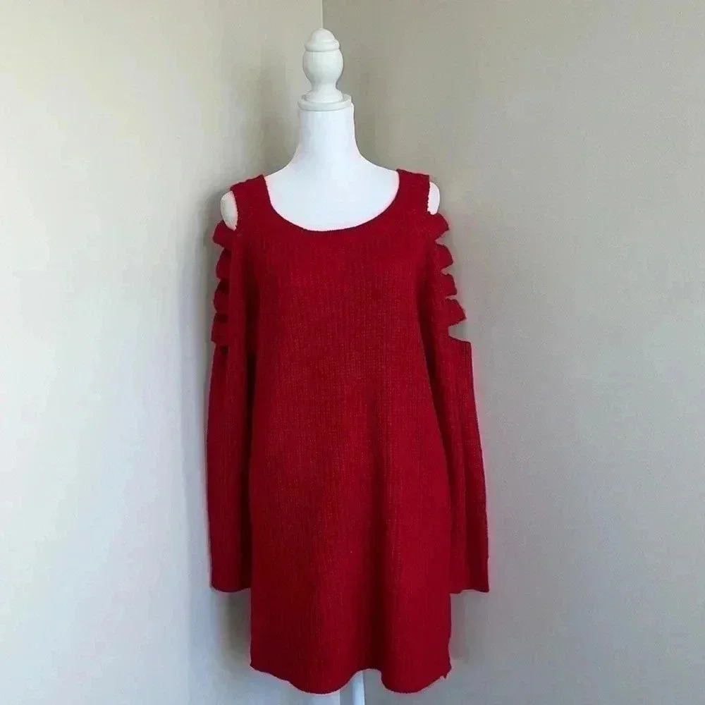 Questions Red Crew Neck Caged Sleeve Sweater​​
